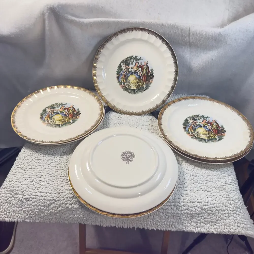 Vintage Cronin China Minerva Oh 9” Luncheon Plate Colonial Gold Rim USA Set of 7